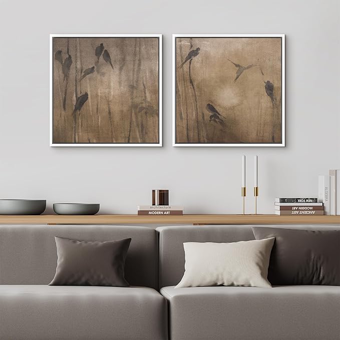SIGNFORD Framed Canvas Print Wall Art Set Minimalist Bird Silhouette Neutral Brown Abstract Nature Modern Art Relax/Calm for Living Room, Bedroom, Office - 16"x16"x2 WHITE