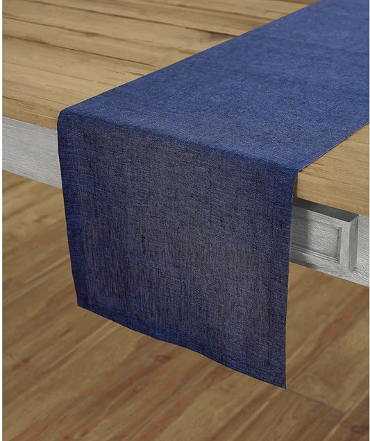 Solino Home Linen Chambray Navy Table Runner 120 Inches Long - Athena, 100% Pure Linen Dining Table Runner 14 x 120 Inch for Summer, 4th of July