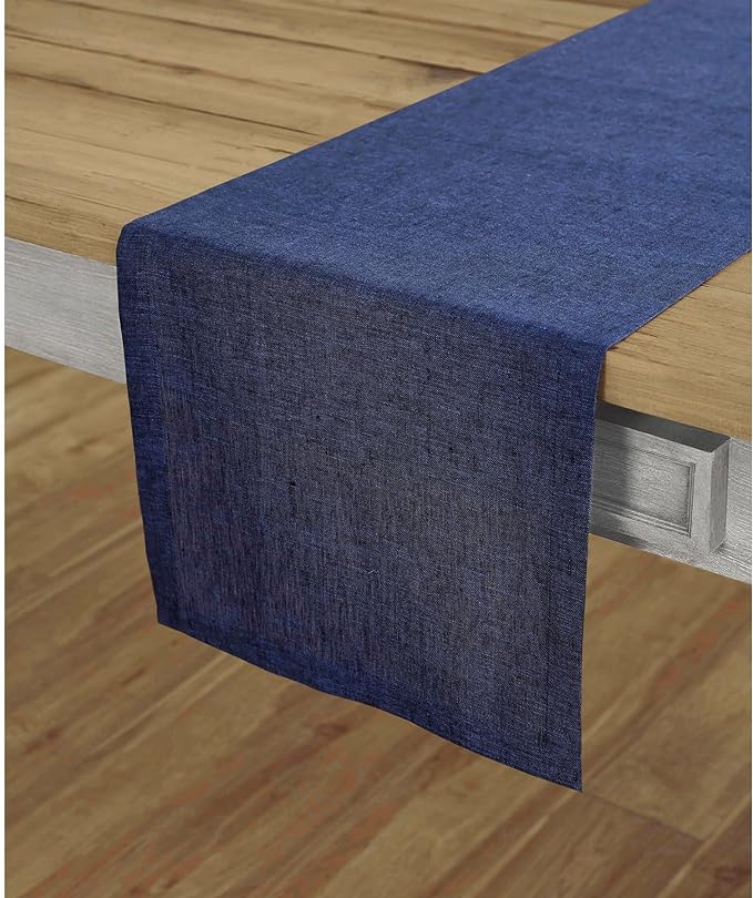 Solino Home Linen Table Runner 144 Inches Long - Athena, 100% Pure Linen Chambray Navy Dining Table Runner 14 x 144 Inch for Summer, 4th of July