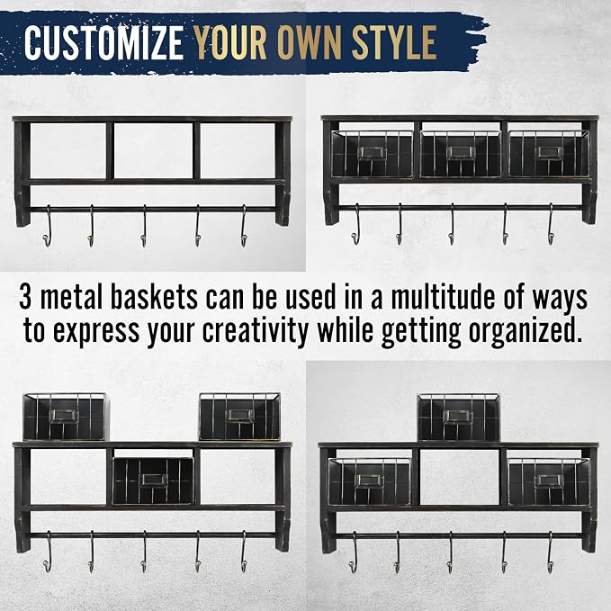 BizChair Wall Mounted Storage Rack - Blackwashed Solid Pine Wood - 24 Inch - Upper Shelf - 5 Hooks - Wire Baskets - For Entryway, Kitchen, Bathroom