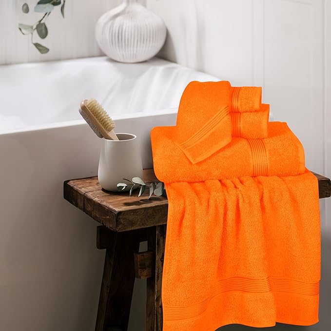 Elvana Home Ultra Soft 6 Pack Cotton Towel Set, Contains 2 Bath Towels 28x55 inch, 2 Hand Towels 16x24 inch & 2 Wash Coths 12x12 inch, Ideal for Everyday use, Compact & Lightweight - Orange