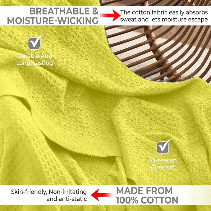 100% Cotton Blankets for Bed - Waffle Weave Blankets for Summer, Lightweight and Breathable Soft Woven Blanket for Spring (Yellow, Throw (50" x 60"))