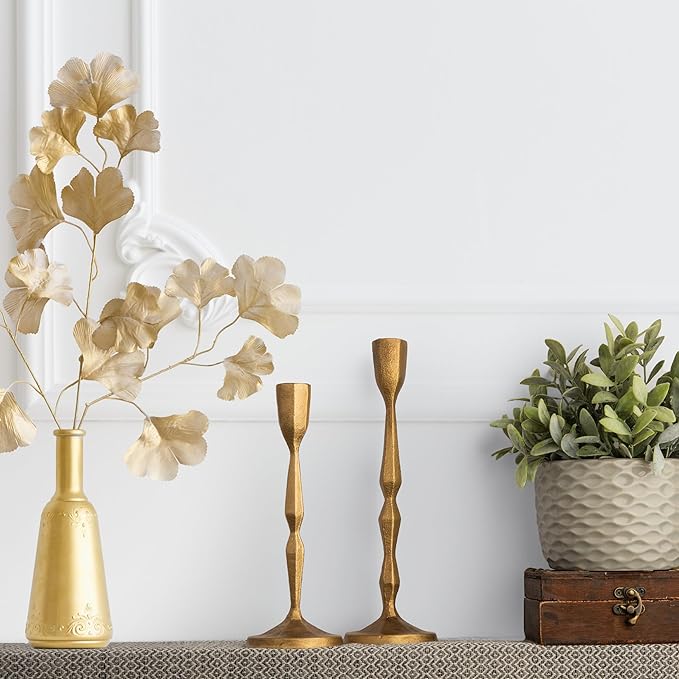 Antique Gold Candlestick Holders - Heavy Duty Cast Iron Candle Stick Holder Set of 2 - Unique Taper Candle Holder for Entryway, Table Decor or Housewarming Gift