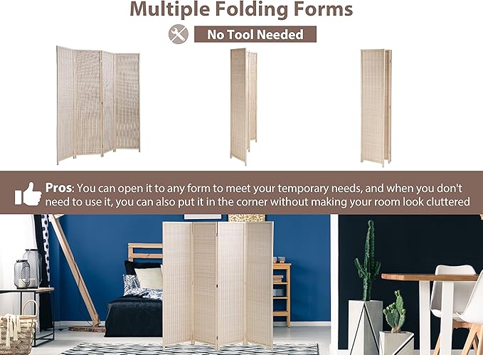 4 Panel Bamboo Room Divider 6 Ft Tall 6 Ft Wide Room Dividers and Folding Privacy Screens Privacy Wall Divider Folding Room Partitions and Dividers, Portable and Lightweight Separadores De Cuartos