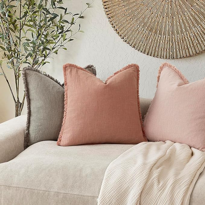 Foindtower Set of 2 Decorative Linen Fringe Throw Pillow Covers Cozy Boho Farmhouse Cushion Cover with Tassels Soft Accent Pillowcase for Couch Sofa Bed Living Room Home Decor,26×26 Inch,Coral Pink