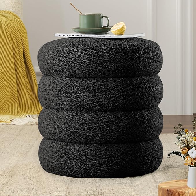 Busaurus Round Ottoman with Storage for Living Room Small Boucle Foot Stool Modern Upholstered Vanity Stool Ottoman Foot Rest for Dorm Corner Home Decor, Set of 1 (Black)