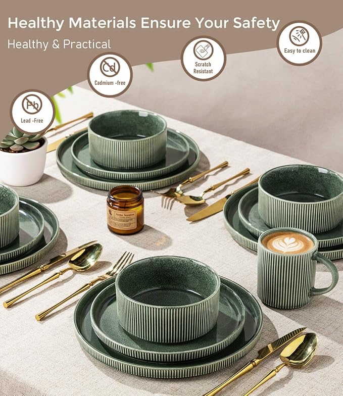 GBHOME 18-Piece Stoneware Dinnerware Set for 6 – Ribbed Ceramic Plates and Bowls, Scratch-Resistant, Microwave & Dishwasher Safe, Reactive Glaze, Dark Green