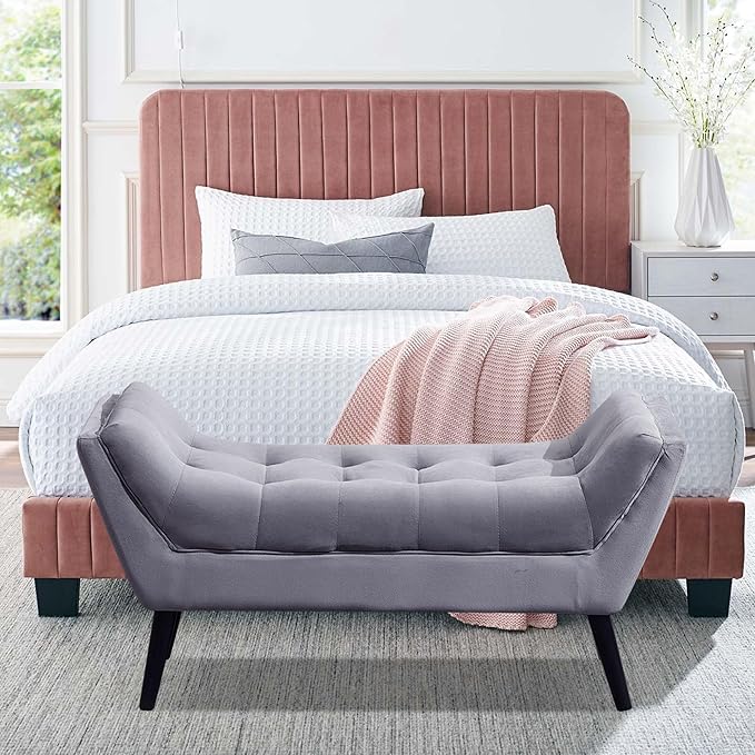 Alunaune Velvet Tufted Ottoman Bed Bench for Bedroom End of Bed Bench, Upholstered Entryway Bench Storage Ottoman Footstools with Wood Legs-2 Seater, Light Gray