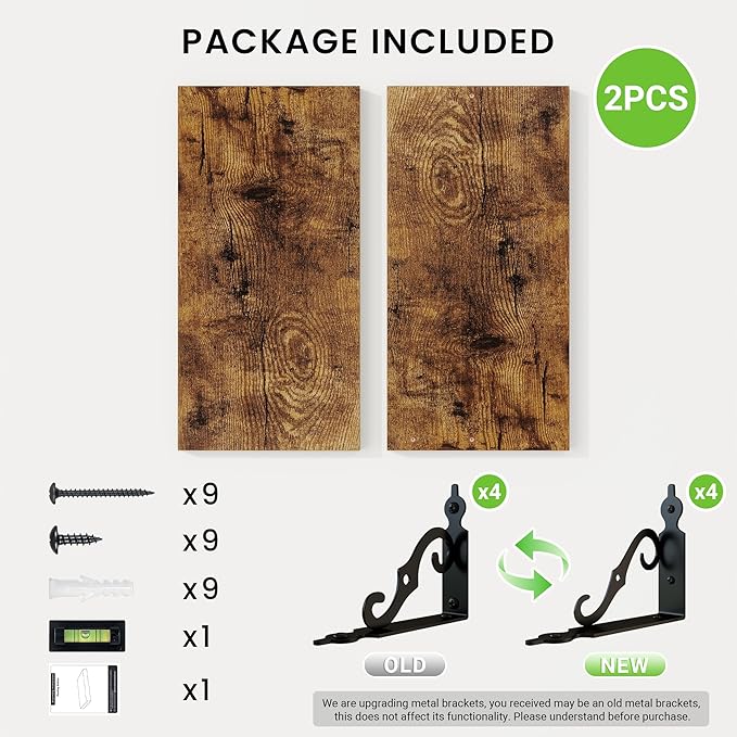 RICHFOCUS Floating Shelves for Wall Decor, 8 Inch Deep Floating Shelves Set of 2, 16W x 8D Shelves Wall Mounted with Metal Brackets, Wood Shelves for Living Room Bedroom Kitchen, Rustic Brown