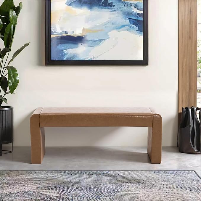 Faux Leather Entryway Bench End of Bed Bench Upholstered Modern Window Bench Comfy Ottoman for Dining Room/Bedroom/Living Room/Hallway/Indoor (Camel Brown)