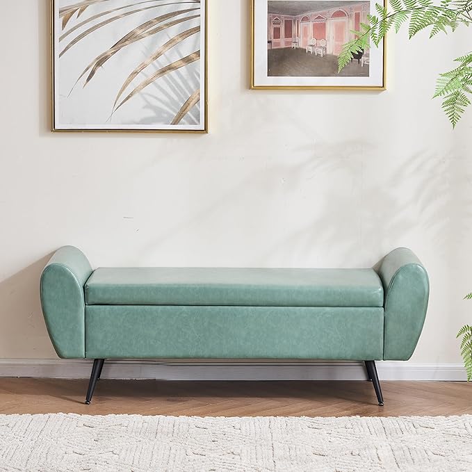 Storage Bench for Bedroom, 55" Extra Long Bench for King Size Bed, Modern Upholstered End of Bed Ottoman Bench with Arms for Entryway Living Room (Vegan Leather, Sage Green)