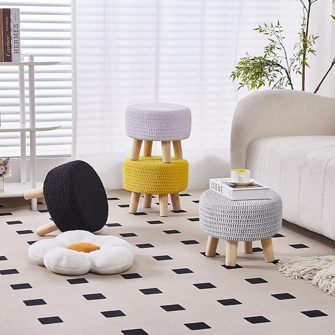 Wimarsbon Small Ottomans, 100% Hand Knitted Pouf Ottoman, Round Footrest with 4 Non-Skid Wood Legs, Boho Décor Cotton Rope Pouffe Beside Sofa, Leisure Floor Step Chair for Living Room (Grey)