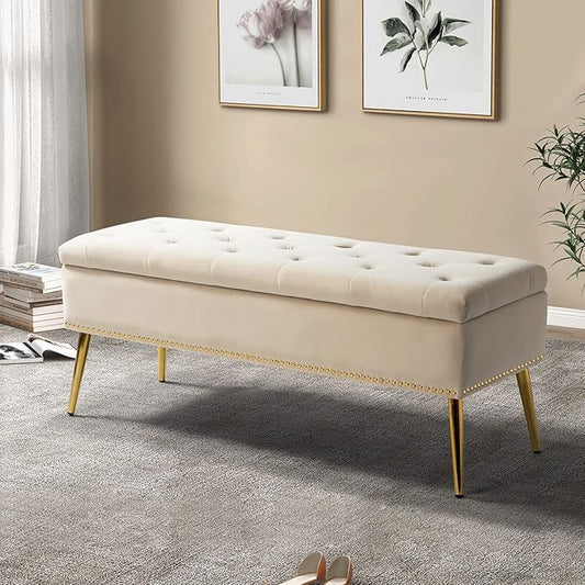 HULALA HOME Modern Velvet Storage Ottoman Bench with Gold Base & Nailhead Trim, Upholstered Bedroom Bench for End of Bed, Button-Tufted Footstool for Entryway Living Room Dining Room, Tan