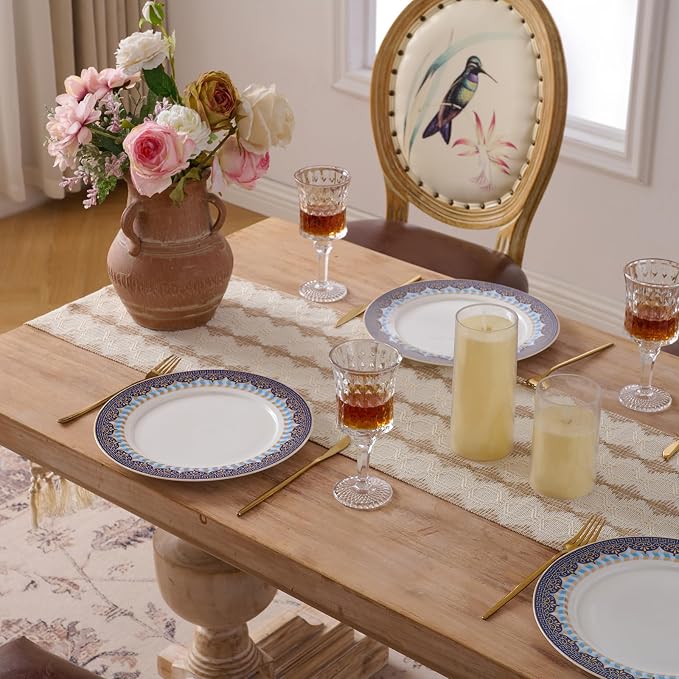 Fancy Homi Tan Boho Cotton Polyester Table Runner 48 Inches Long, Farmhouse Macrame Table Runners with Tassels for Home Party Bohemian Rustic Bridal Shower Kitchen Dining Decor 12x48 Inches