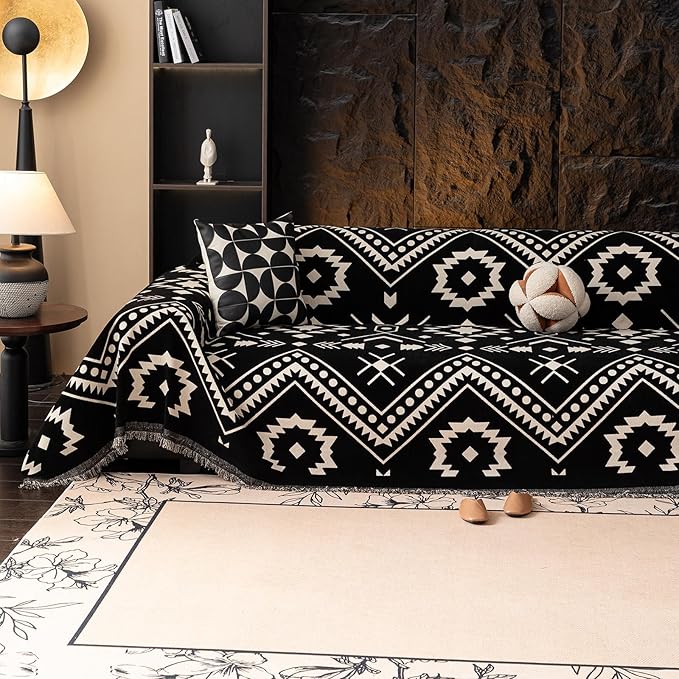 VClife Bohemian Southwestern Pattern Sofa Cover Non Slip Washable Couch Cover - White Black Aztec Geometric Chenille Couch Cover for 3 Cushion Couch Sofa Vintage Slip Cover 71" X 134"