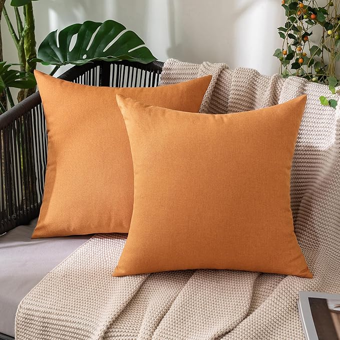 MIULEE Pack of 2 Decorative Outdoor Solid Waterproof Throw Pillow Covers Faux Linen Garden Farmhouse Cushion Cases for Patio Tent Balcony Couch Sofa 18x18 Inch Brown