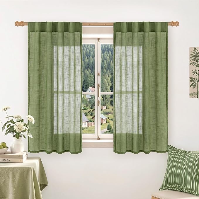 LAMIT Sage Green Linen Curtains for Bedroom 54 Inch Length, Semi Sheer Light Filtering Neutral Boho Panels Back Tab and Rod Pocket Spring Decor Drapes for Kitchen/Windows, 2 Panels, 34 x 54 Inch