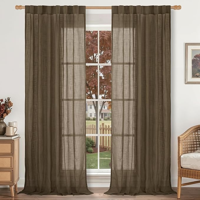 LAMIT Linen Curtains for Bedroom 84 inch Length 2 Panels, Light Filtering Semi Sheer Panels Back Tab and Rod Pocket Farmhouse Drapes for Living Room/Sliding Glass Door, Brown, 52 x 84 Inch