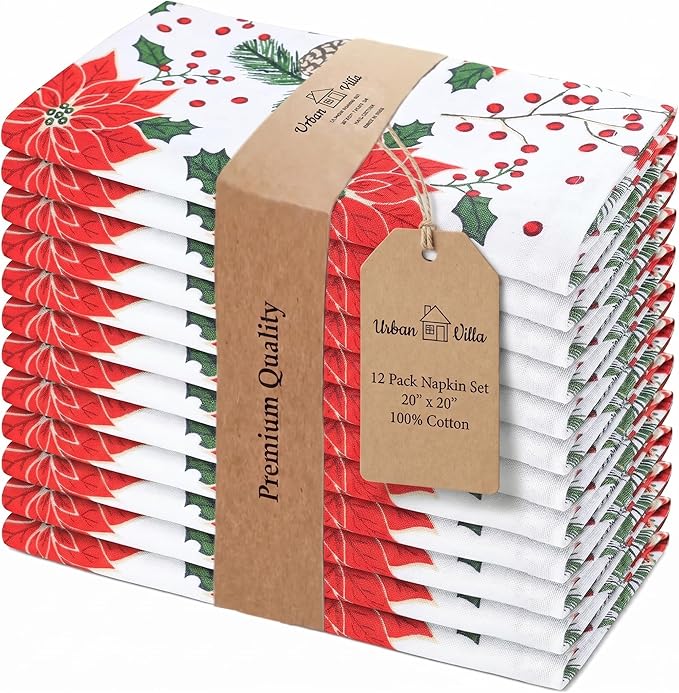 Urban Villa Cloth Napkins 100% Cotton Highly Absorbent Washable Reusable Premium Dinner Napkins Ideal for Gifts for Mothers Day Hotel Farmhouse Parties - Pine Cone Print (20" x 20", Set of 12)