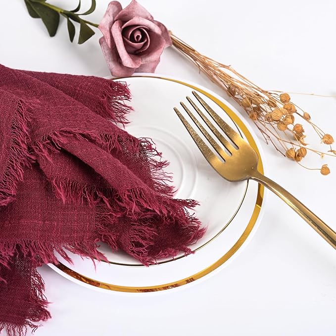 36 Pack Burgundy Handmade Cloth Napkins 16 x 16 Inch Cotton Linen Napkins with Fringe, Washable and Reusable Napkins, Soft Rustic Boho Fringe Cloth Napkins for Dinners, Parties, Wedding