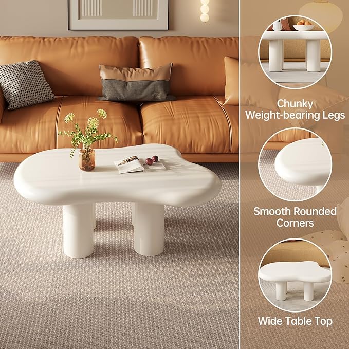 Guyii Cloud Coffee Table, Cute White Modern Tea Table, Irregular Indoor End Table for Living Room, Free Shape with 4 Legs, 35.43 Inches
