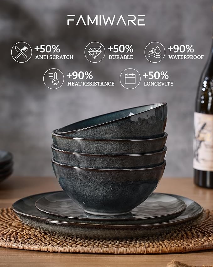 Famiware Dinnerware Sets for 8, Ocean Round 24-Piece Kitchen Plates and Bowls Sets, Microwave and Dishwasher Safe, Scratch Resistant, Deep Forest