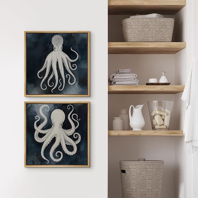 SIGNFORD Framed Canvas Print Wall Art Set Nautical Octopus Illustration Dark Blue Ocean Coastal Modern Art Relax/Calm for Living Room, Bedroom, Office - 16"x16"x2 NATURAL