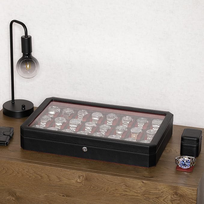 ROTHWELL 24 Slot Watch Case with Lock – Luxury Watch Box to Display and Organize Your Collection | Real Glass Top | Premium Storage for Collectors (Black/Red)