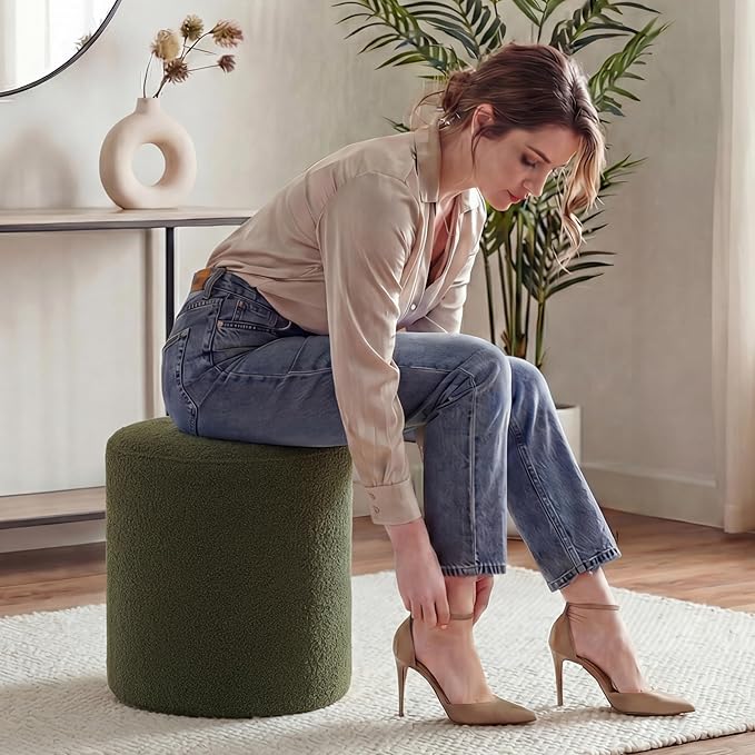 Modern Round Vanity Stool, Small Ottoman, Cute Fabric Foot Stool, Teddy Fleece Footrest, Upholstered Vanity Chair, Stool for Makeup, Bedroom, Living Room (1PCS, Round-Dark Green)