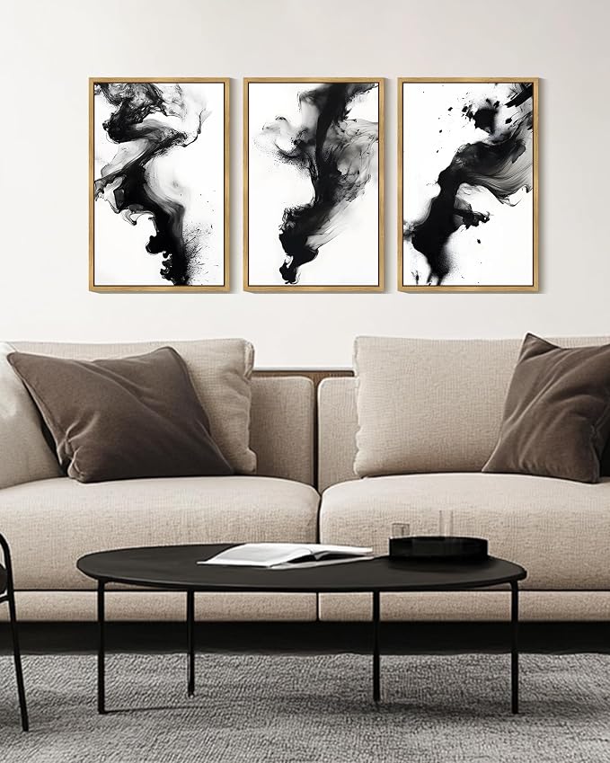 KUVIOKE Black White Abstract Framed Canvas Wall Art Ink Wash Pastel Wall Decor Modern Rendering Illustration Art Painting for Bedroom Dining Room 16x24in (Natural Framed)