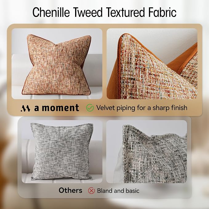 a moment Rust Orange Reversible Pillow Covers 2 Pack - Farmhouse Chenille Throw Pillows, Neutral Textured Decorative Throw Pillow Covers with Border for Couch Sofa Bed (18x18 Inch, No Insert)