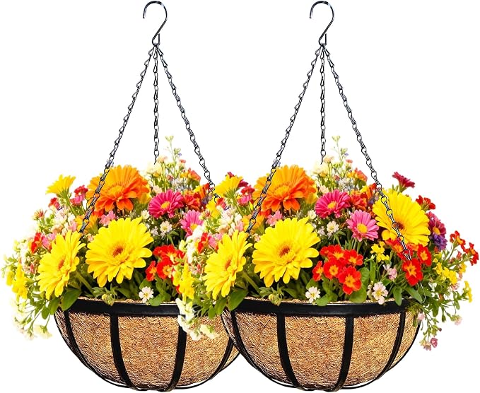 2 Pack 12 Inch Black Metal Hanging Basket Hanging Planter with Coco Coir Liner Heavy Duty Hanging Flower Pot Holder for Indoor Outdoor Patio Garden Porch Balcony Decor (Flat Iron)