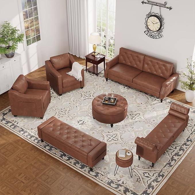 FiveWillowise 65" Bedroom Bench with Storage,Faux Leather Bed Benches with Tufted Buttons,Large Upholstered Storage Bench with Rolled Arms and Nailhead Trim for King Size End of Bed,Entryway,Brown