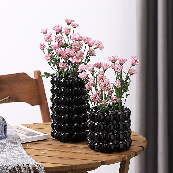Black Bubble Vases, Black Ceramic Vases Set of 2, Boho Flower Vase for Pampas Grass, Decorative Vase for Dining Table, Wedding, Fireplace Mantel, Office, Wedding
