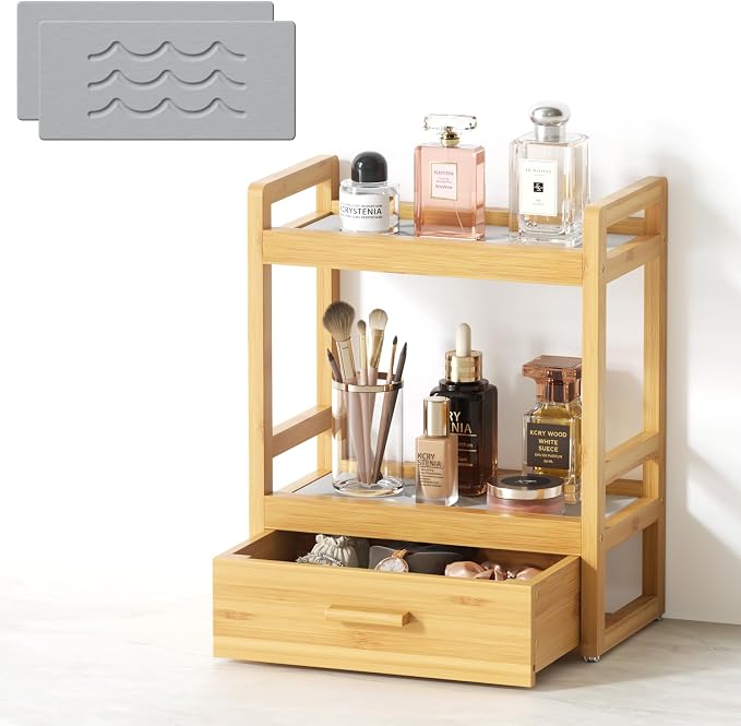 Bamboo Bathroom Countertop Organizer, 2 Tier Vanity Organizer with Drawer for Skincare & Makeup, Countertop Storage with Stone Drying Mat for Coffee Bar, Kitchen, Matcha Station