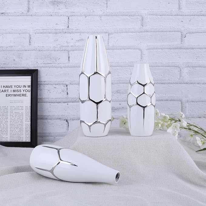 Ceramic Vase Set of 3, Modern Vases for Home Decor, White and Silver for Living Room, Kitchen, Bedroom, Bathroom, Entryway Mantel, Living Room TV Cabinet Decoration