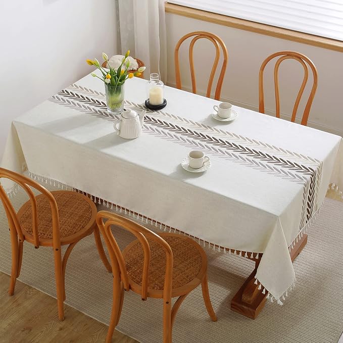 JIALE Heavy Duty Cotton Linen Waterproof Tablecloths Farmhouse Tablecloth, Soft and Wrinkle Free Table Cover with Tassels, Square, 55''x55'', 4 Seats