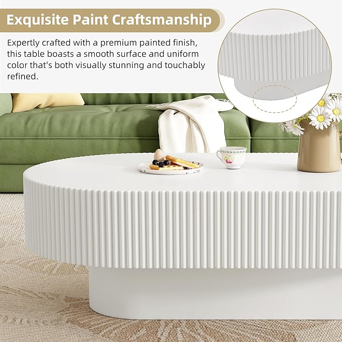 Merax Modern 43.3" W Oval Coffee Table with Sturdy Base, Wood Center Tables for Living Room Reception Room, Easy Assemble, White