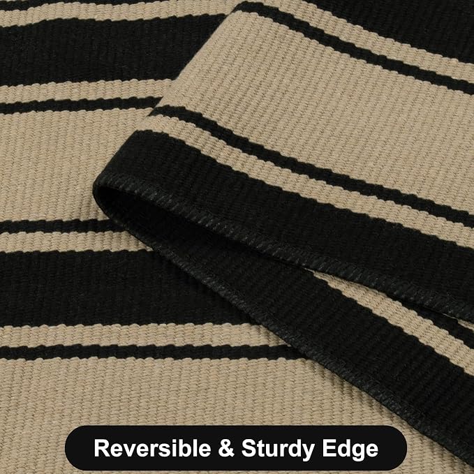 Striped Outdoor Rug 3'x5', Cotton Hand Woven Rug Front Door Mat,Washable Reversible Layered Door Mats, Foldable Front Porch Rug for Entryway/Home Entrance/Farmhouse(Black and Tan)