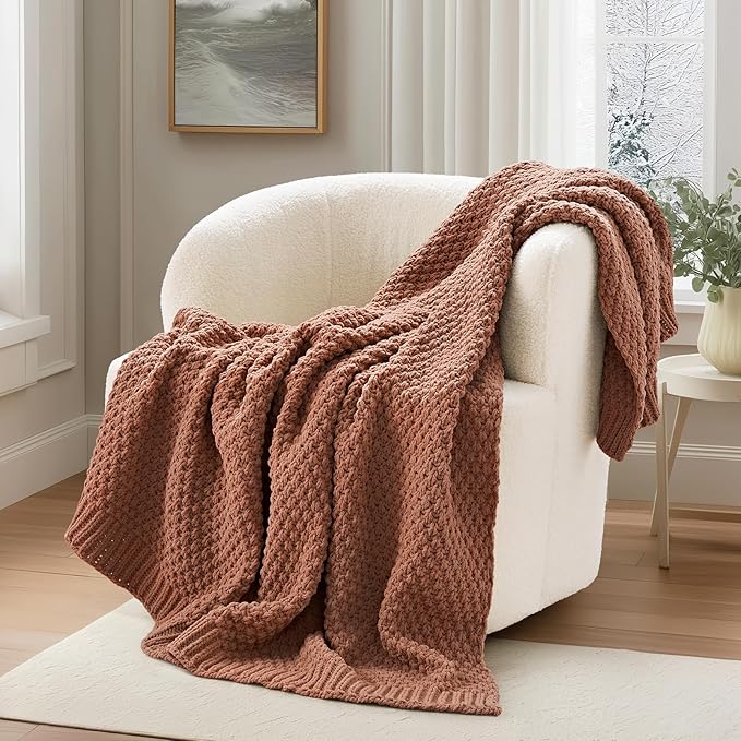 EVERGRACEHOME Chunky Chenille Knit Throw Blanket for Couch, Soft Luxurious Moss Stitch Blankets for Bed, Cozy Decorative Farmhouse Knitted Throws for Sofa, Terracotta Clay, 50" x 60"