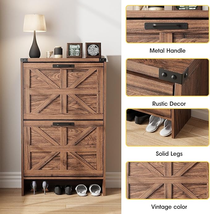 Halitaa Shoe Storage Cabinet for Entryway,Farmhouse Slim Shoe Cabinet with 2 Flip Drawers,Narrow Freestanding Organizer Storage Rack for Entrance,Hallyway,Dark Walnut