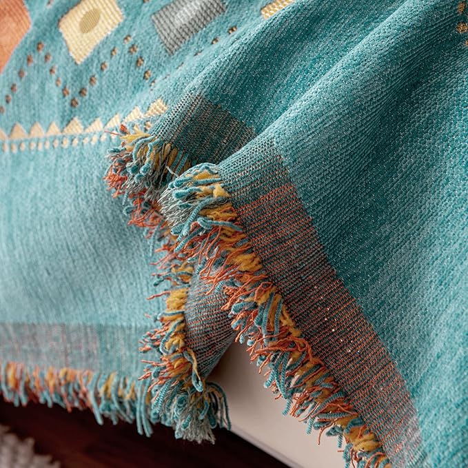 DREAMINGO Teal Boho Couch Cover Western Sofa Covers for 2 Cushion Couch Washable Bohemian Loveseat Covers Geometric Jacquard Couch Cover Blanket with Tassel, Large 71"x118"