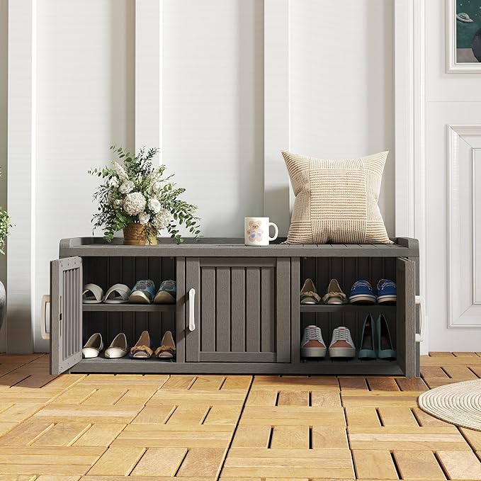 NUNU LAB Shoe Storage Cabinet, Waterproof Shoe Organizer with Adjustable Shelves, UV-Resistant Entryway Shoe Cabinet Bench with 3 Barn Doors for Indoor Outdoor, Foyer, Hallway, Living Room,Grey