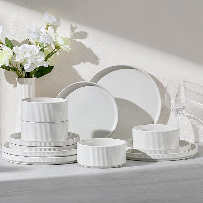 E-far 12-Piece Plates and Bowls Sets, Stoneware Dinnerware Dishes Sets for 4, Kitchen Modern Dining Dishware, Chip & Scratch Resistant, Microwave & Dishwasher Safe, Speckled White