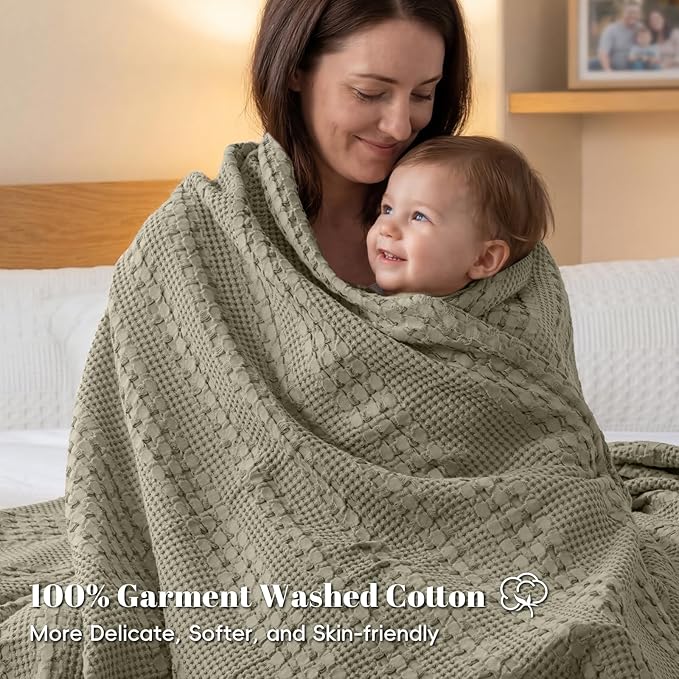 PHF 100% Cotton Waffle Weave Blanket Queen Size for Bed, Soft Lightweight & Breathable for Spring and Summer, All-Season Comfort, Luxury Aesthetic Blanket for Home Decor, 90"x90", Dusty Sage