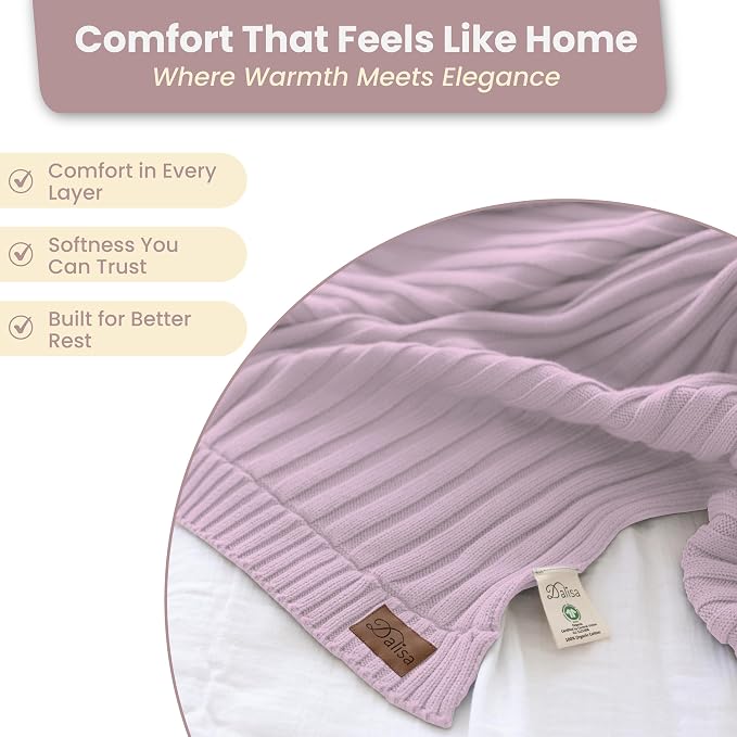 Dalisa 100% Organic Cotton Knit Blanket Denise -Soft and Lightweight, Breathable All-Season Throw for Bed, Sofa, or Lounge Area -Perfect for Home and Bedroom Styling (Lavender Frost, 80x90)