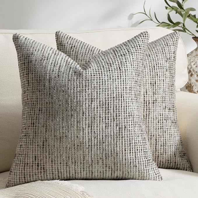 Pack of 2 Neutral Throw Pillow Covers 18x18 Boho Textured Dots Stripe Chenille Square Decorative Pillow Cases Accents for Living Room Couch Bed Farmhouse Home Decor, Grey