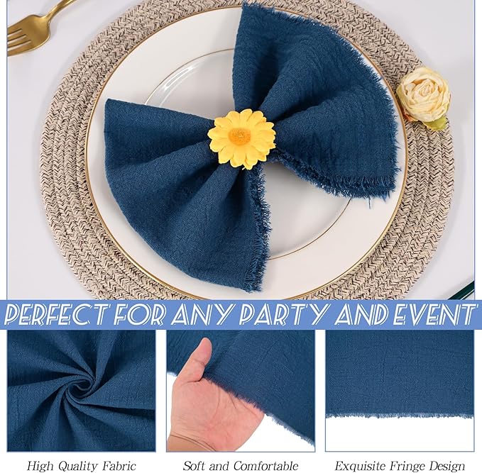 50 Pack Royal Blue Handmade Cloth Napkins 16 x 16 Inch Cotton Linen Napkins with Fringe, Washable and Reusable Napkins, Soft Rustic Boho Fringe Cloth Napkins for Dinners,Parties, Wedding