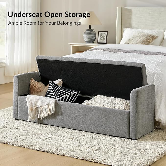 HULALA HOME 59" Storage Bench with 2 Throw Pillows, Modern Long Bedroom Bench for End of Bed, Comfy Upholstered Footstool for Entryway Living Room, Grey