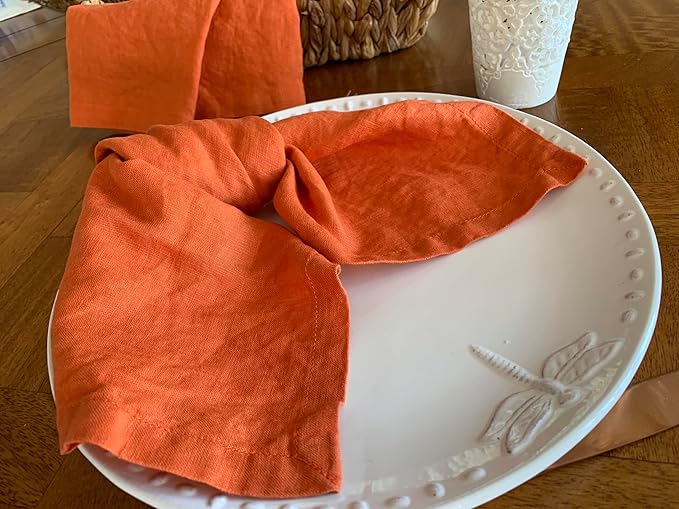 Linen Napkins –100% French Flax – Stonewashed Pure Linen Cloth Napkins - Size 18 Inch x 18 Inch – Set of 4 (Sunset Orange)